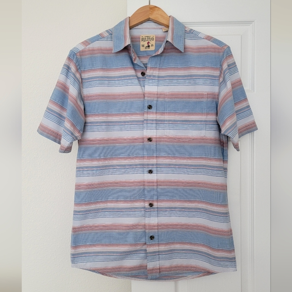 Bass Pro Shops Men's Short Sleeve Striped Blue and Pink Shirt, Size S